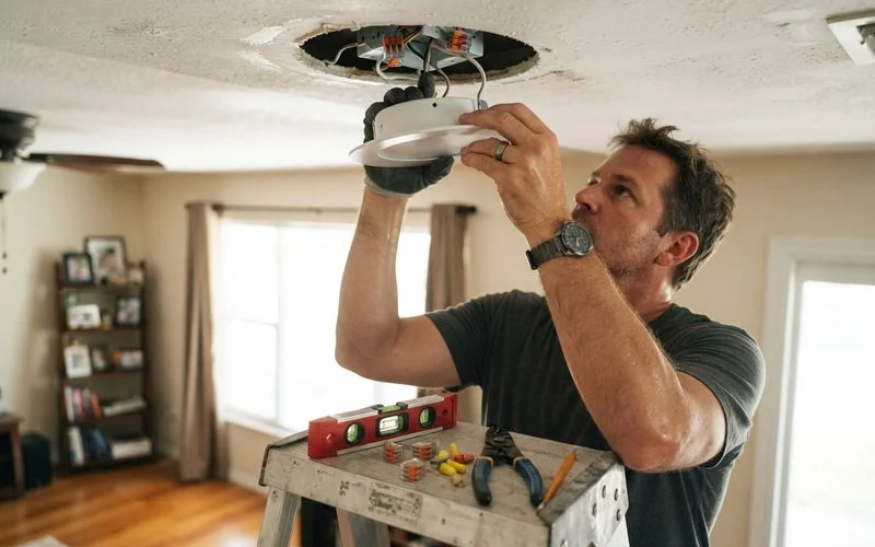 An electrician on a ladder installing a recessed light fixture into a ceiling hole in a bright, tidy living room